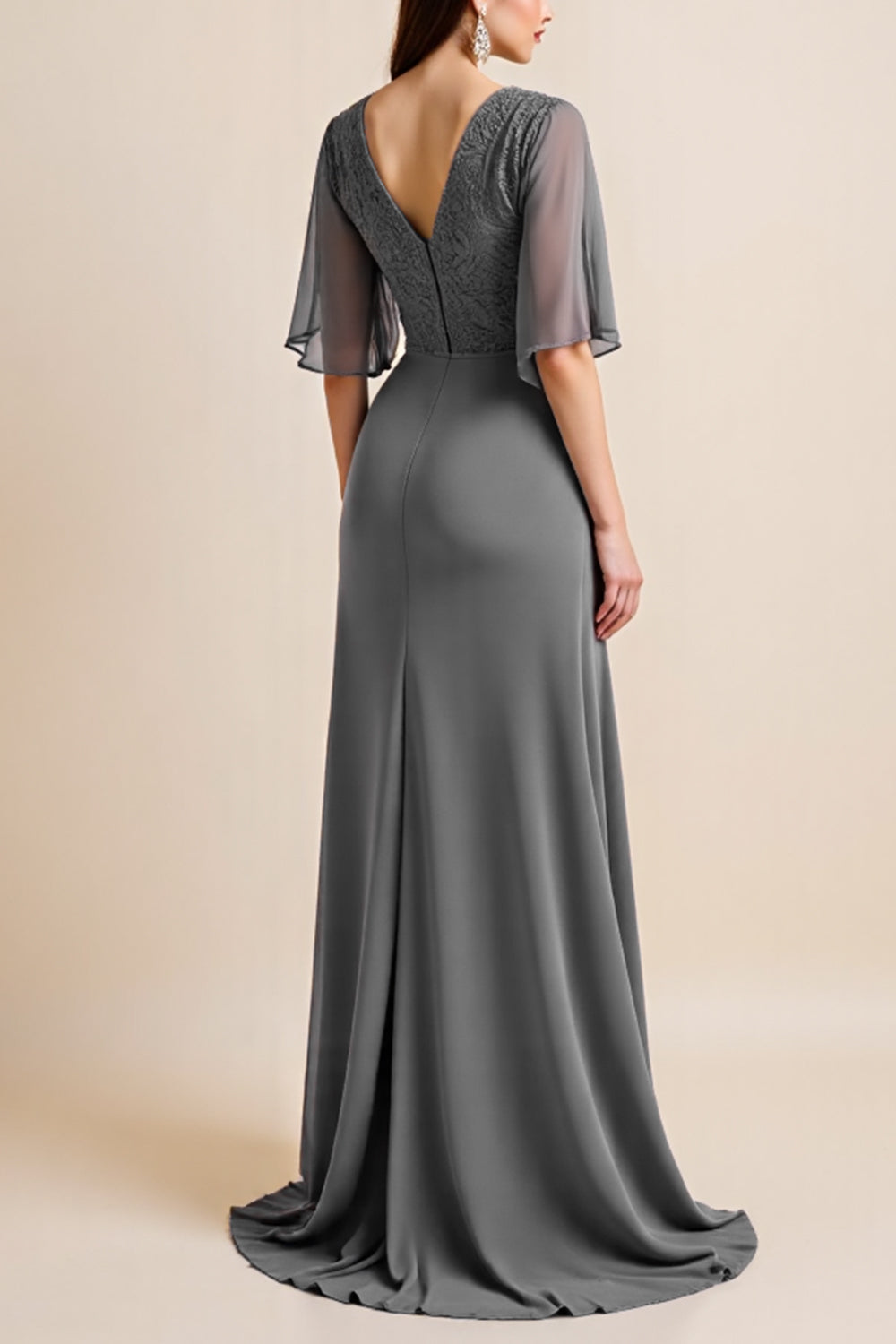 Steel Grey Corset V Neck Long Mother Of The Bride Dress with Half Sleeves