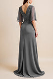 Steel Grey Corset V Neck Long Mother Of The Bride Dress with Half Sleeves