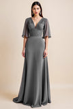 Steel Grey Corset V Neck Long Mother Of The Bride Dress with Half Sleeves