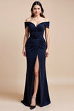 Navy Satin Off The Shoulder Sheath Long Mother Of The Bride Dress With Slit