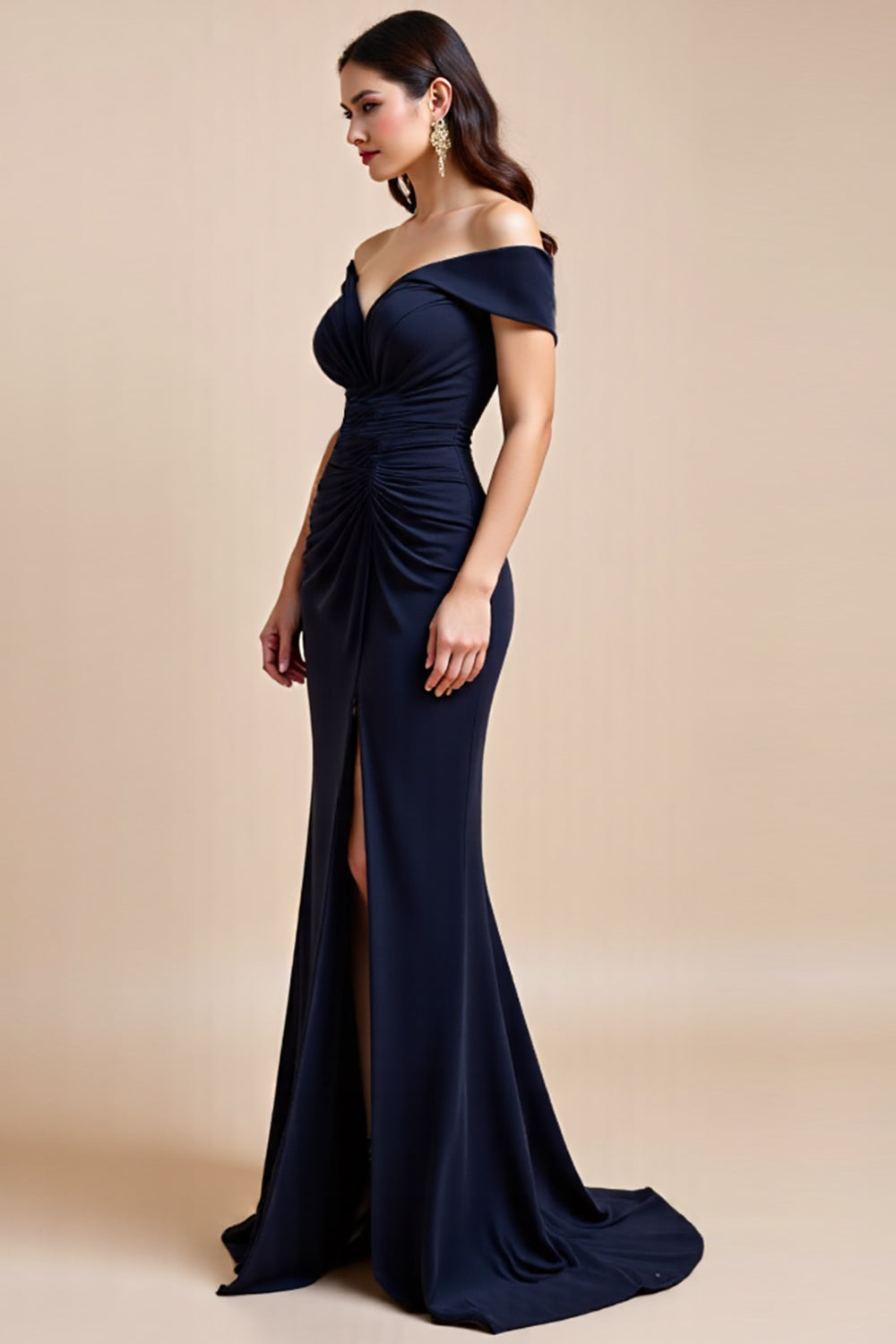 Navy Satin Off The Shoulder Sheath Long Mother Of The Bride Dress With Slit