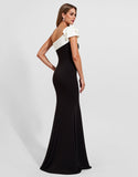 Black Satin Mermaid One Shoulder Ruffled Long Formal Dress