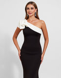 Black Satin Mermaid One Shoulder Ruffled Long Formal Dress
