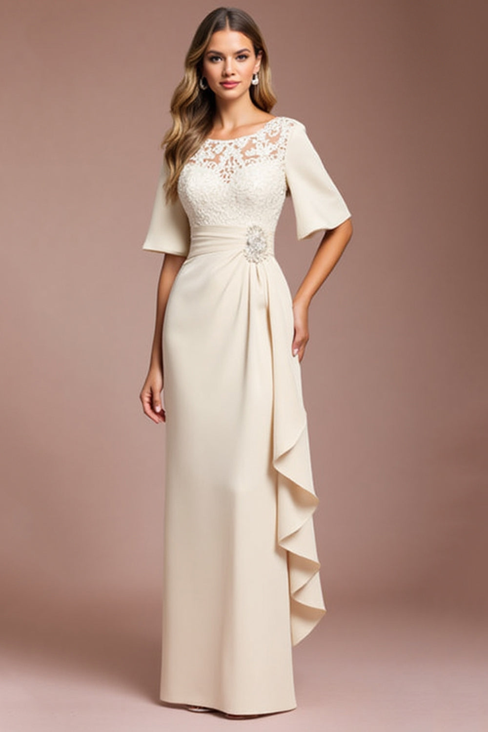 Apricot Ruched Sheath Half Sleeve Long Mother of the Bride Dress with Sash