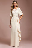 Apricot Ruched Sheath Half Sleeve Long Mother of the Bride Dress with Sash