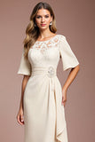Apricot Ruched Sheath Half Sleeve Long Mother of the Bride Dress with Sash