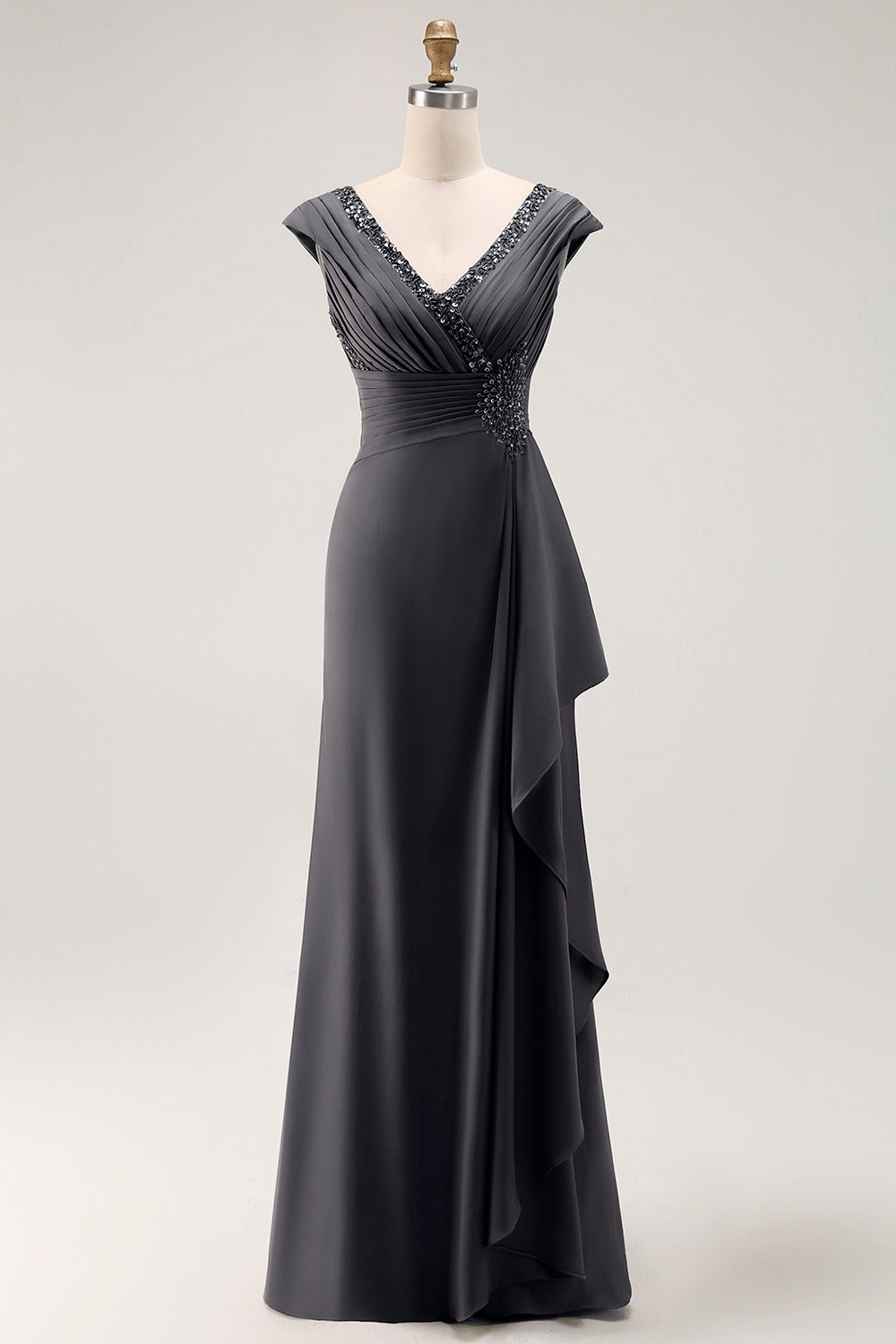 Steel Grey Chiffon Sheath Long Mother of the Bride Dress with Ruffles