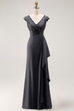 Steel Grey Chiffon Sheath Long Mother of the Bride Dress with Ruffles