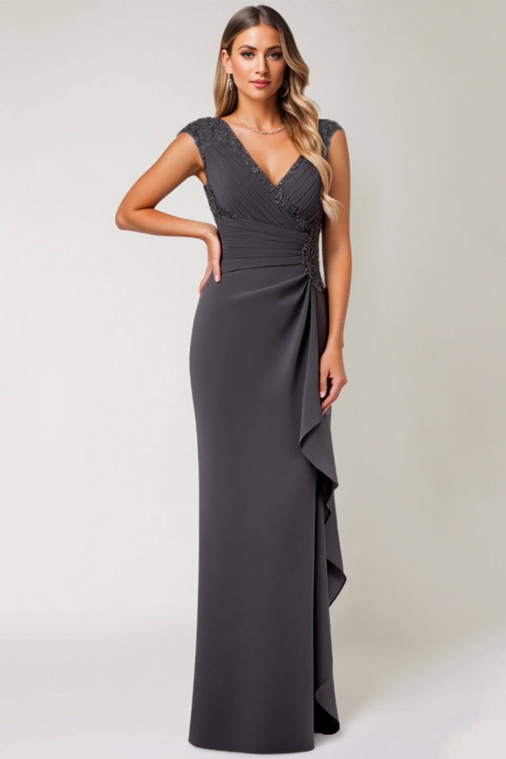Steel Grey Chiffon Sheath Long Mother of the Bride Dress with Ruffles