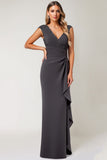 Steel Grey Chiffon Sheath Long Mother of the Bride Dress with Ruffles