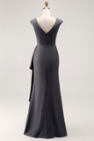 Steel Grey Chiffon Sheath Long Mother of the Bride Dress with Ruffles