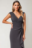 Steel Grey Chiffon Sheath Long Mother of the Bride Dress with Ruffles