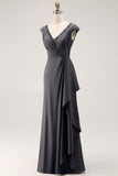 Steel Grey Chiffon Sheath Long Mother of the Bride Dress with Ruffles