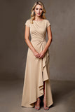 Champagne Satin Ruffled A Line Long Mother of the Bride Dress with Slit