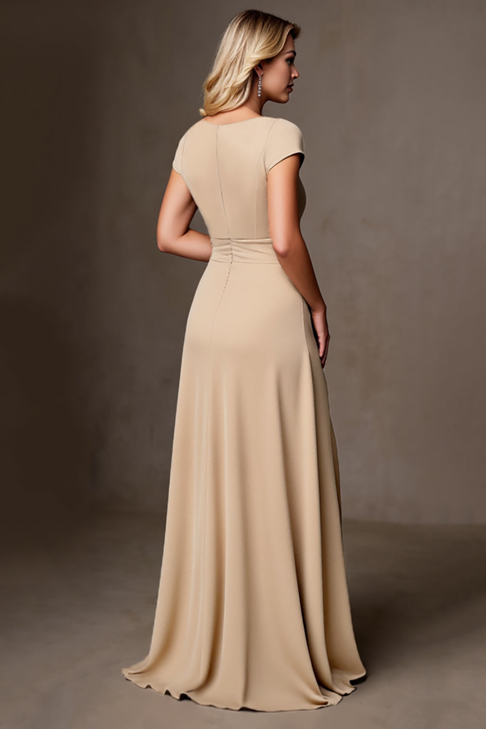Champagne Satin Ruffled A Line Long Mother of the Bride Dress with Slit