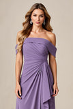 Tahiti Chiffon A Line Ruched Long Mother of the Bride Dress with Ruffles