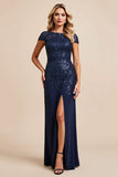 Navy Satin Mermaid Cap Sleeves Long Mother Of The Bride Dress With Slit
