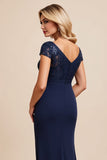 Navy Satin Mermaid Cap Sleeves Long Mother Of The Bride Dress With Slit