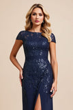 Navy Satin Mermaid Cap Sleeves Long Mother Of The Bride Dress With Slit