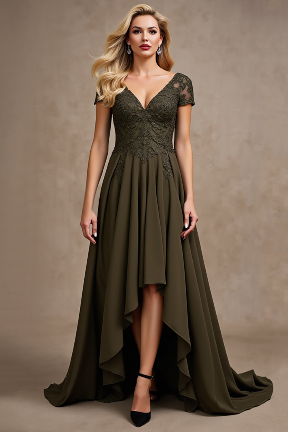 Olive Satin V Neck A Line Cap Sleeves High-Low Mother of the Bride Dress