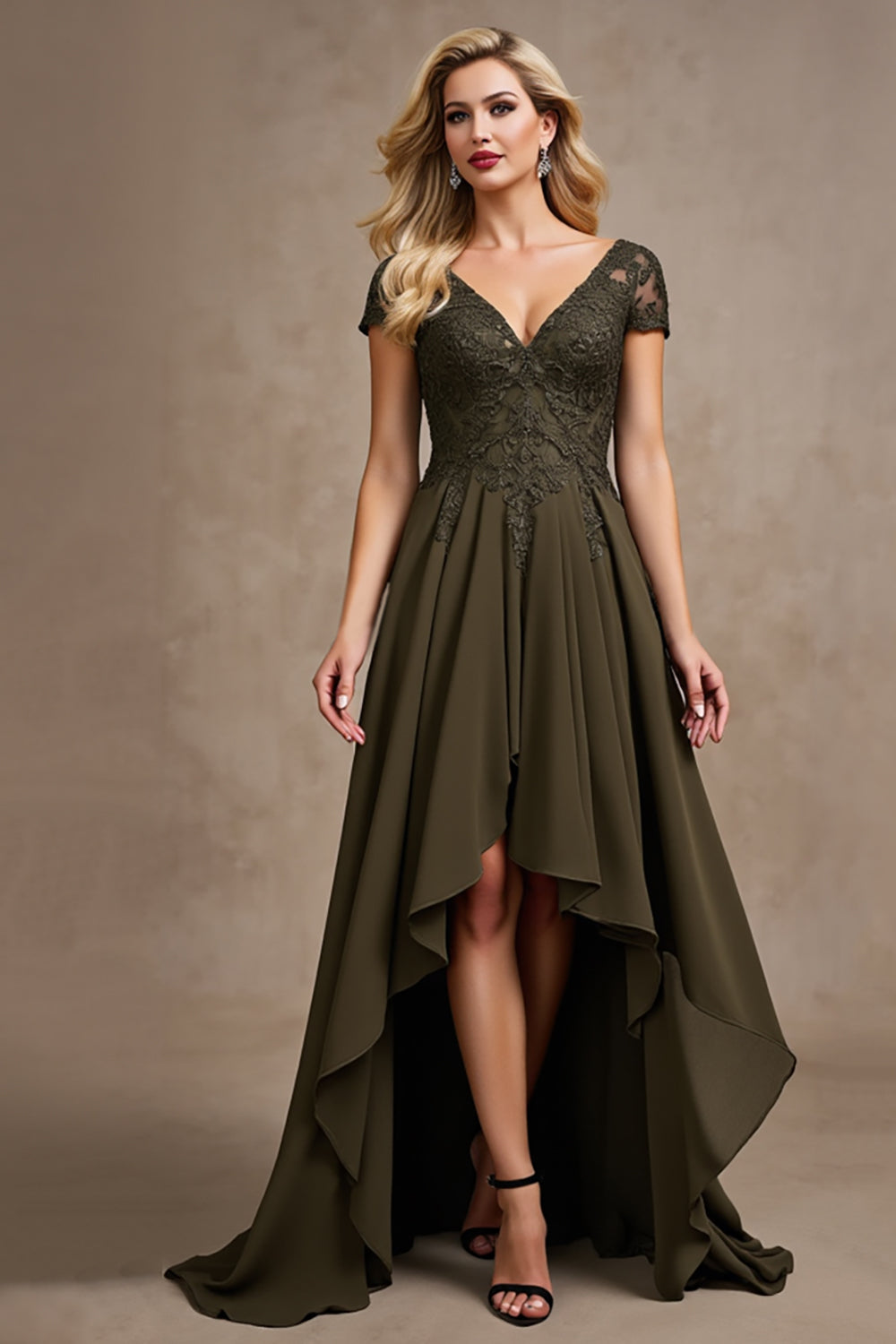 Olive Satin V Neck A Line Cap Sleeves High-Low Mother of the Bride Dress