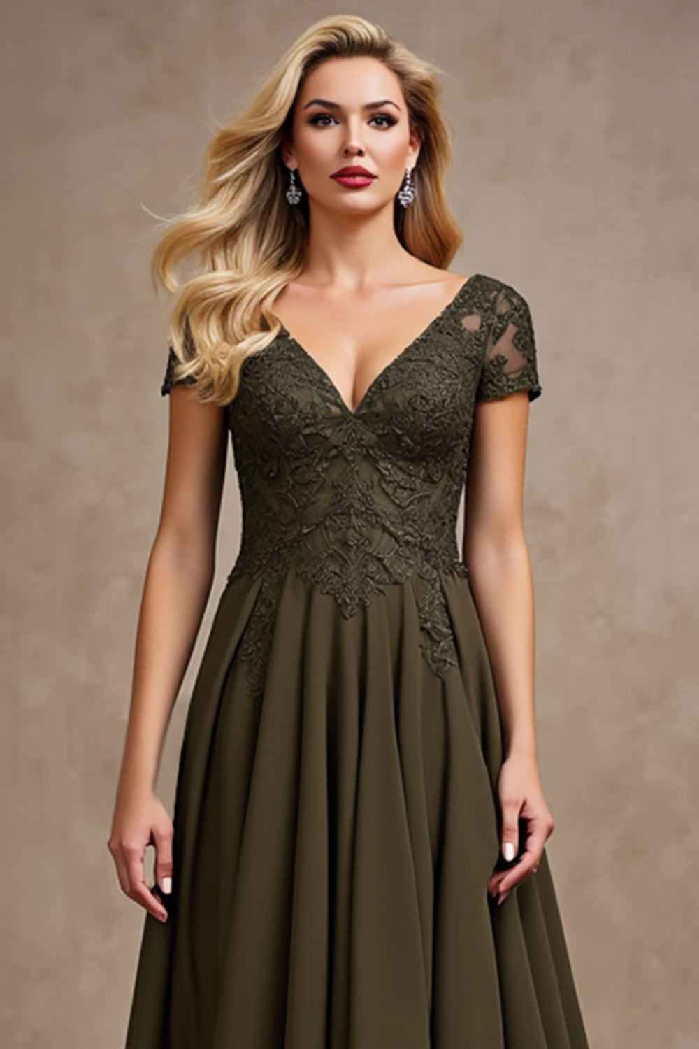 Olive Satin V Neck A Line Cap Sleeves High-Low Mother of the Bride Dress