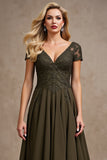 Olive Satin V Neck A Line Cap Sleeves High-Low Mother of the Bride Dress
