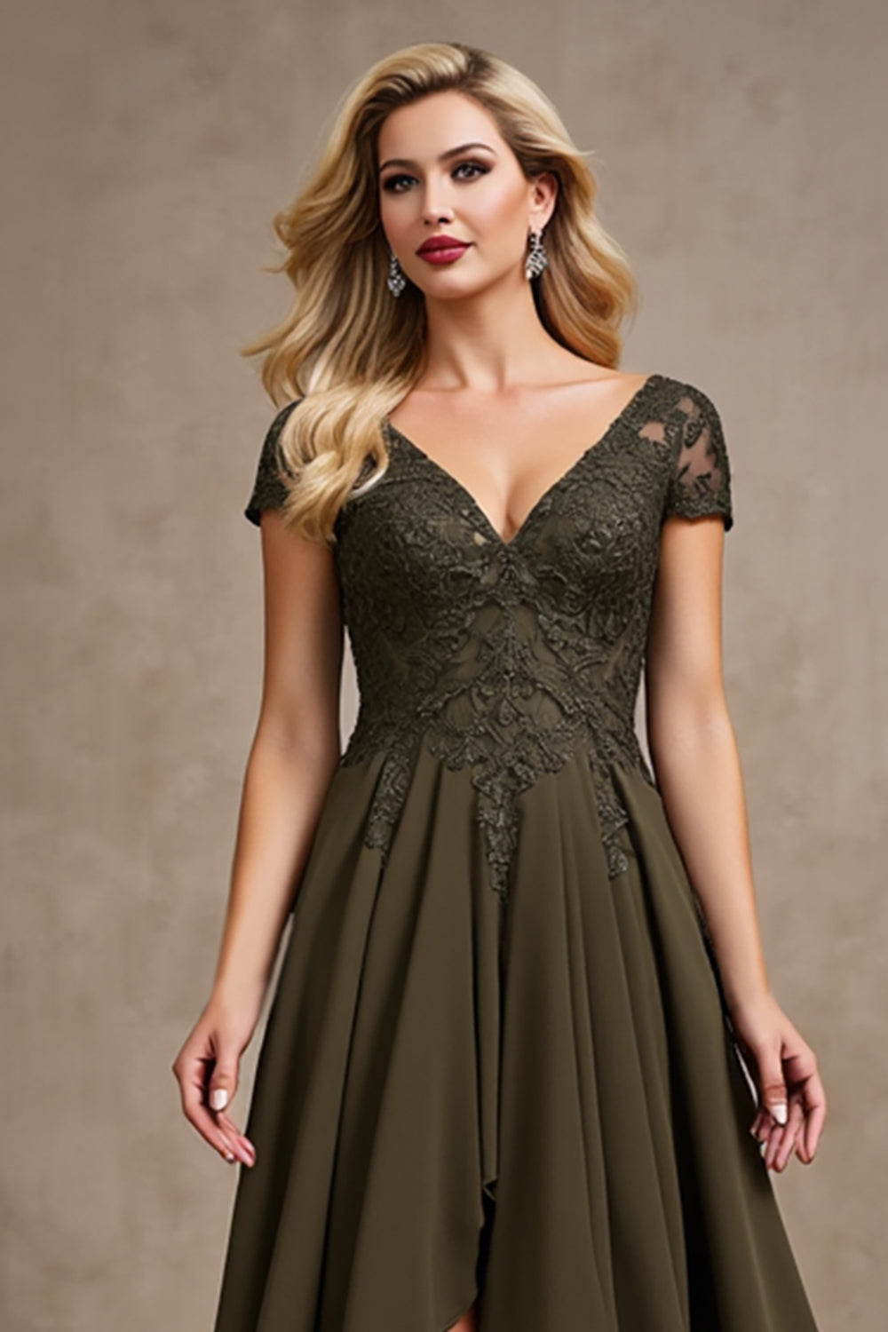 Olive Satin V Neck A Line Cap Sleeves High-Low Mother of the Bride Dress