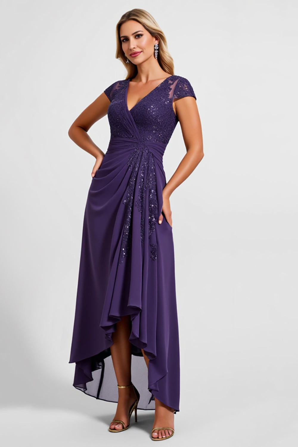 Sparkly Purple Chiffon Cap Sleeves Long Mother of the Bride Dress with Lace