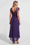 Sparkly Purple Chiffon Cap Sleeves Long Mother of the Bride Dress with Lace