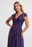 Sparkly Purple Chiffon Cap Sleeves Long Mother of the Bride Dress with Lace