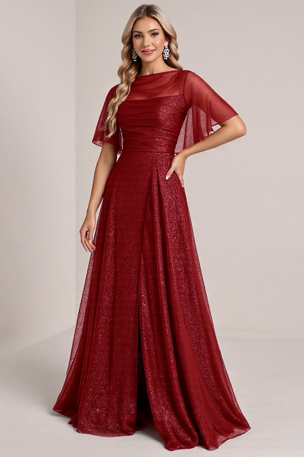 Glitter Burgundy A Line Long Bridesmaid Dress with Sleeves