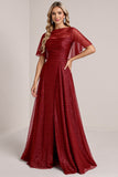 Glitter Burgundy A Line Long Bridesmaid Dress with Sleeves