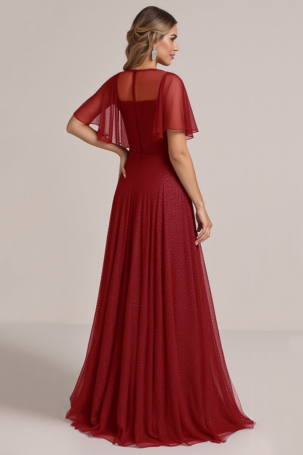 Glitter Burgundy A Line Long Bridesmaid Dress with Sleeves