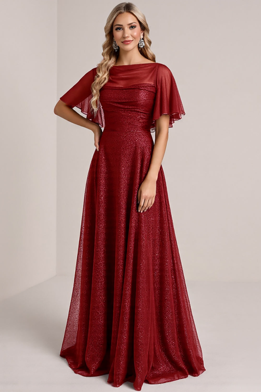 Glitter Burgundy A Line Long Bridesmaid Dress with Sleeves
