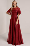 Glitter Burgundy A Line Long Bridesmaid Dress with Sleeves