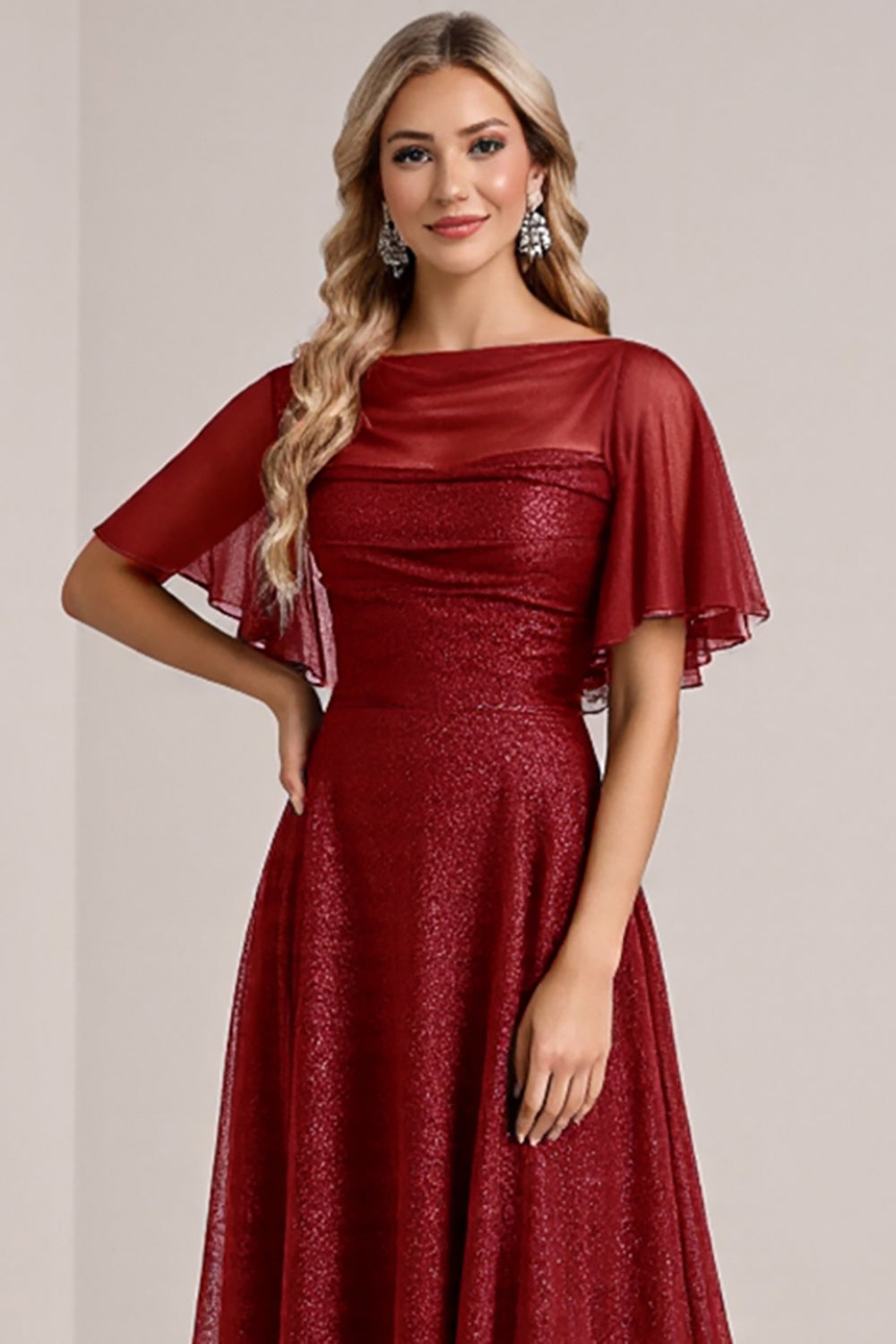 Glitter Burgundy A Line Long Bridesmaid Dress with Sleeves