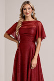Glitter Burgundy A Line Long Bridesmaid Dress with Sleeves