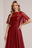 Glitter Burgundy A Line Long Bridesmaid Dress with Sleeves