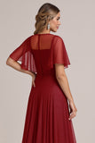 Glitter Burgundy A Line Long Bridesmaid Dress with Sleeves
