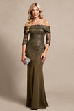 Olive Satin Mermaid Off the Shoulder Long Mother of the Bride Dress with Lace