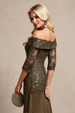 Olive Satin Mermaid Off the Shoulder Long Mother of the Bride Dress with Lace