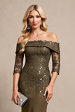 Olive Satin Mermaid Off the Shoulder Long Mother of the Bride Dress with Lace
