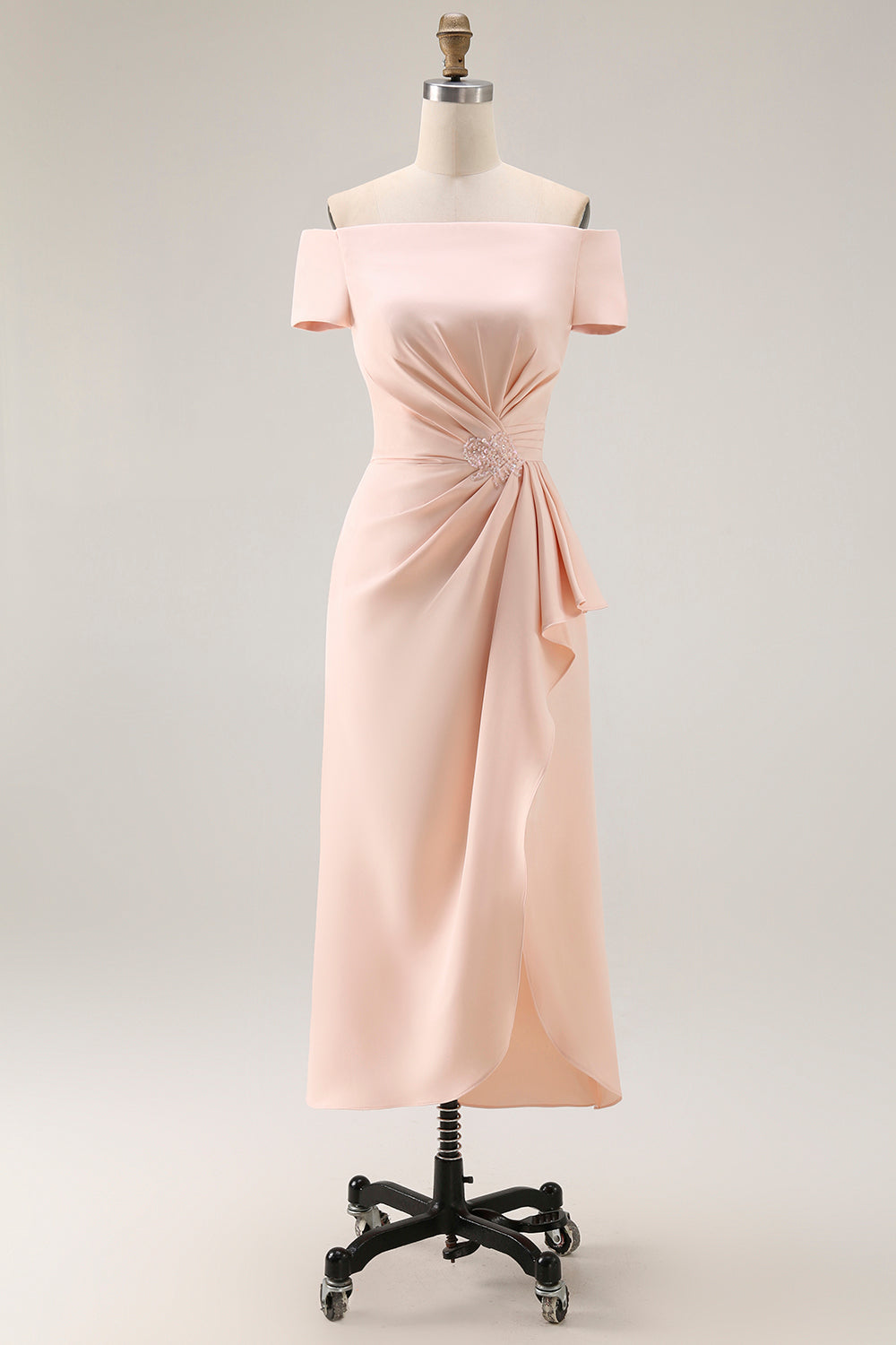 Apricot Off the Shoulder Sheath Ruched Long Mother of the Bride Dress with Slit
