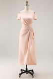 Apricot Off the Shoulder Sheath Ruched Long Mother of the Bride Dress with Slit