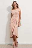 Apricot Off the Shoulder Sheath Ruched Long Mother of the Bride Dress with Slit