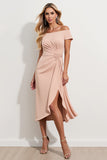 Apricot Off the Shoulder Sheath Ruched Long Mother of the Bride Dress with Slit