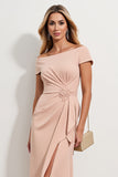Apricot Off the Shoulder Sheath Ruched Long Mother of the Bride Dress with Slit