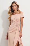 Apricot Off the Shoulder Sheath Ruched Long Mother of the Bride Dress with Slit