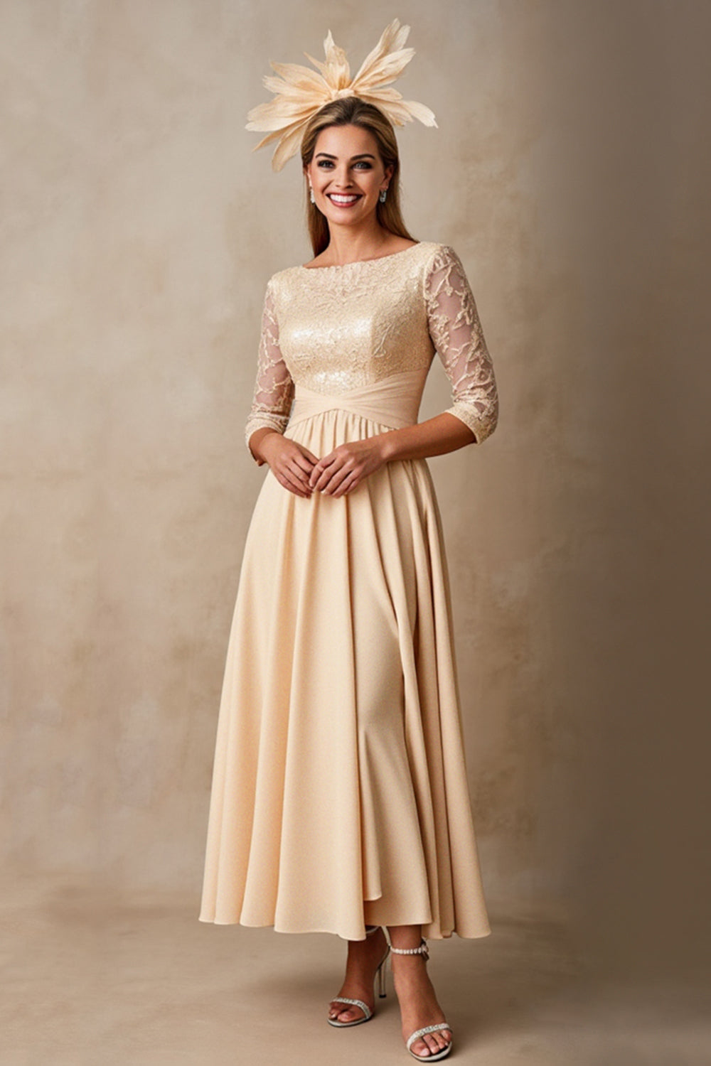 Champagne Chiffon A Line Applique Long Mother of the Bride Dress with 3/4 Sleeves